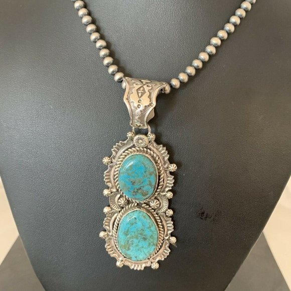 Native American Pearls Blue Necklace Pendant Ln 20 - Picture 5 of 12